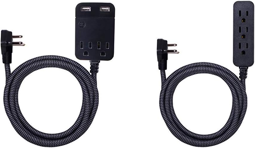 GE Pro Designer Charging Station, Surge Protector Power Strip, Extra Long 10 Ft Braided Extension Cord, Flat Plug, 2 USB Ports, 2.4A Fast Charge & Designer Extension Cord With Surge Protection