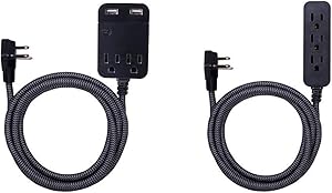 GE Pro Designer Charging Station, Surge Protector Power Strip, Extra Long 10 Ft Braided Extension Cord, Flat Plug, 2 USB Ports, 2.4A Fast Charge & Designer Extension Cord With Surge Protection