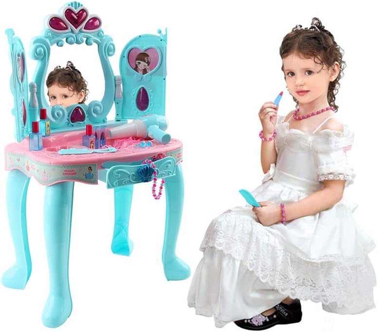 Girls Pretend Play Dressing Table Fantasy Vanity Beauty Dresser Table with Sounds, Hi-fi Microphone & Makeup Accessories