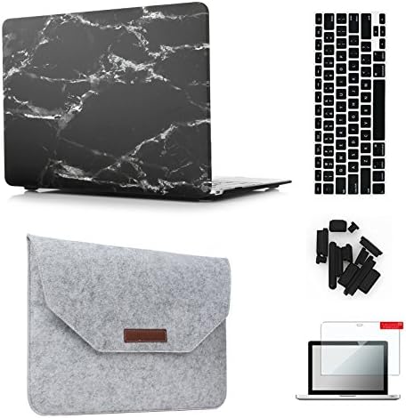 MacBook 12" Case &amp; Sleeve[5 in 1 Bundle], Keyrun Plastic Hardshell Case Bundle with Felt Sleeve, Screen Protector, Keyboard Cover &amp; Dust Plug for MacBook 12-inch Retina Display A1354 - Black Marble