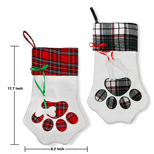 Aiduy Pet Christmas Stocking, 18" Dog Paw Christmas Stockings Hanging Plaid Cat Xmas Stockings for Christmas Decorations and Holiday Decor, 2 Pack