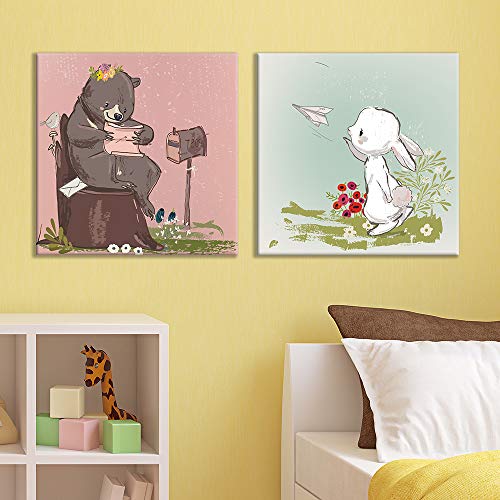 Square of Children Painting Mail Bear and Paper Airplane Bunny x 2 Panels