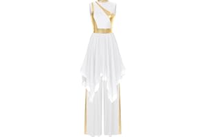 YOOJOO Women Praise Dance Outfit Metallic Block Asymmetric Overlay Dress + Pants Worship Liturgical Lyrical Costume