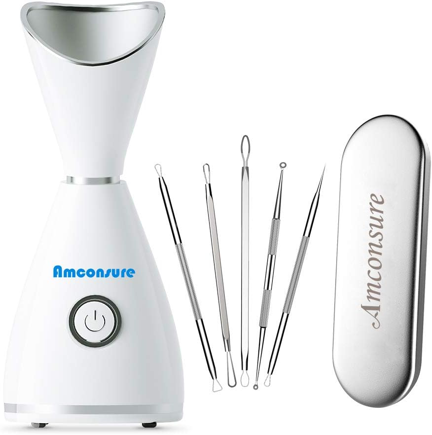 Amconsure Facial Steamer Nano Ionic Warm Mist Humidifier Atomizer Humidifier Moisturizing Face Spa Steamer 5 Piece Stainless Steel Blackhead Remover Kits