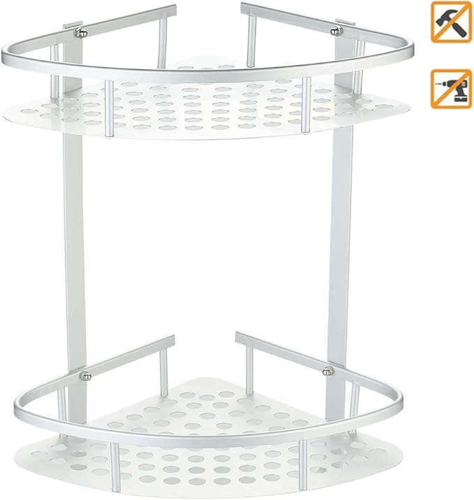 Hawsam No Drilling Bathroom Shelves, Aluminum 2 Tier Glue Shower Shelf Caddy Adhesive Storage