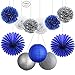 HEARTFEEL 11pcs Navy Blue Silver White Tissue Pom Poms Paper Lanterns Paper Fans Kit for Baby Shower, Bachorlette, Wedding, Birthday, Grad Party Decorations (Navy Blue,Silver,White)