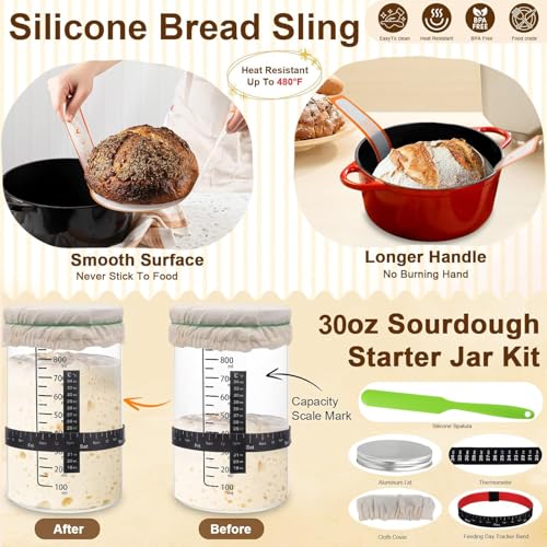 RIZENCE 21PCS Sourdough Starter Kit - Banneton Bread Proofing Basket Set, 9" Round & 10" Oval Proving Basket - 100% Natural Rattan - Complete Bread Making Accessories with Glass Sourdough Starter Jar