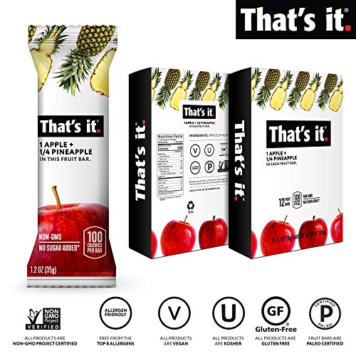 That's it. Apple + Pineapple 100% Natural Real Fruit Bar, Best High Fiber Vegan, Gluten Free Healthy Snack, Paleo for Children & Adults, Non GMO No Added Sugar, No Preservatives Energy Food (12 Pack)