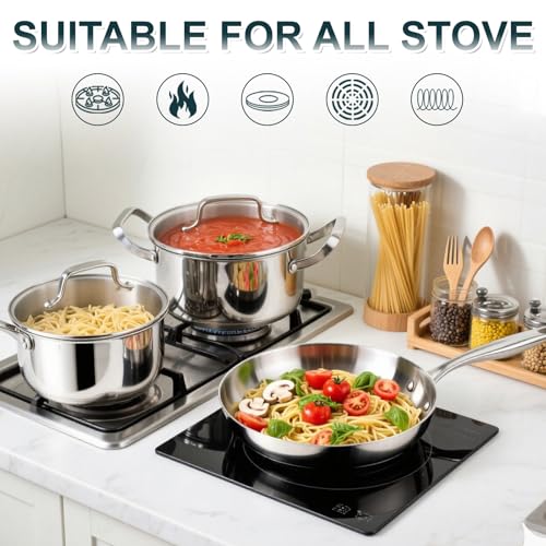 Fruikit 21P Stainless Steel Pots and Pans Set - Professional Induction Hob Cookware Set - Tri-Ply Base 30 cm Saucepan Set, 18 cm Saucepans & 18/20/22/26 cm Casserole - Non-Toxic Pot Set for Kitchen