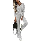 CHICME Womens Lounge Sets 2 Piece Ribbed Knit V Neck Long Sleeve Top Elastic Waist Wide Leg Pants Matching Sweatsuits