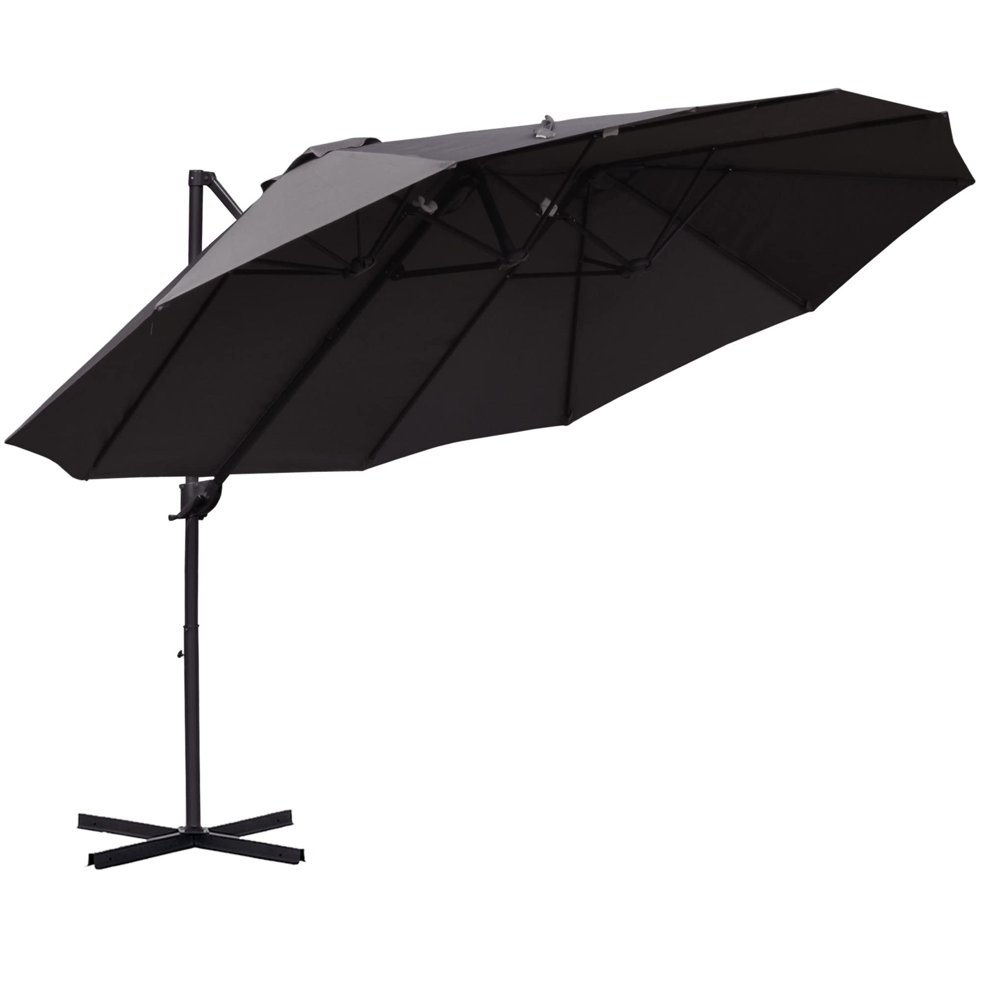 Outsunny 4.4m Large Garden Parasol, Double-Sided Cantilever Parasol with Base Included, Patio Umbrella Sun Shade with Steel Pole 12 Ribs Crank Handle Easy Lift Twin Canopy, Grey