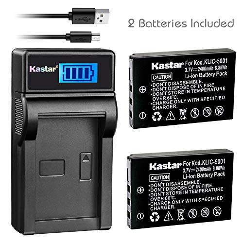 Kastar Battery (X2) & SLIM LCD Charger for Kodak KLIC-5001 and Easyshare P712 P850 P880 Z730 Z760 Z7590 DX6490 DX7440 DX7590 DX7630 Sanyo DB-L50 DMX-WH1 HD1010 FH11 HD2000 VPC-WH1 HD2000 HD1010 HD1000