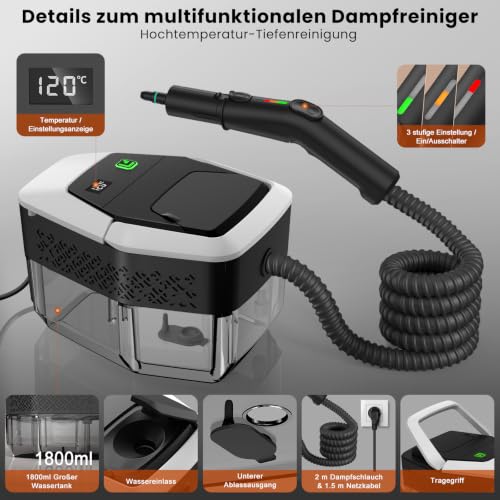GalhanEhe 14 in 1 Household Cleaning Steamer, 3 Levels Adjustable Handle, Temperature Display, 15s in Heating, 1.8L Reservoir, for Kitchen, Bathroom, Car and Furniture (White and Black)