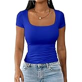Dwnval Womens Summer Sexy Square Neck Tops Double Lined Short Sleeve Shirts Slim Fit Crop Top