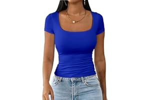 Dwnval Womens Summer Sexy Short Sleeve Square Neck Double Lined Basic Slim Fit Crop T Shirt