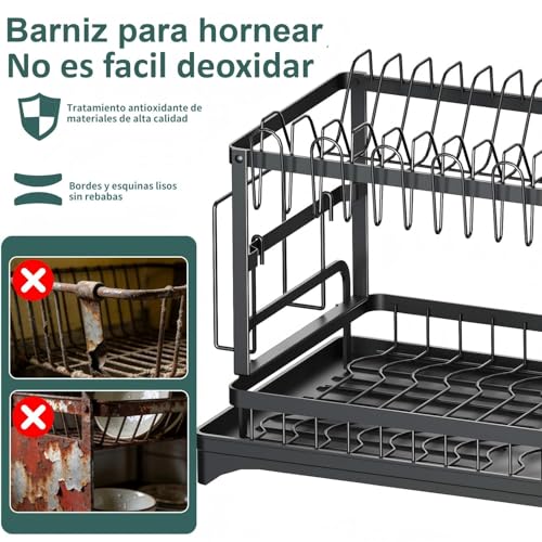 2 Niveles Escurridor de Platos Profesional,Escurridor de Trastes Acero Inoxidable con Bandeja de Canaleta en 360°,con Sistema de Drenaje Automático,Soporte para Vajilla,Vasos,Cubiertos y Utensilios