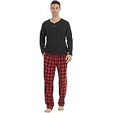 LANDUNSI Pajama Set for Men Long Sleeve Henley Microfleece Shirt & Flannel Plaid Pants Christmas Pajamas Soft Pjs Sleepwear