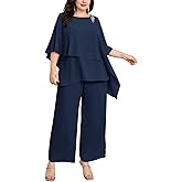 Hanna Nikole Plus Size Mother of Bride Pant Suits 2 Piece Chiffon Sets Ruffle Layers Wedding Guest Outfit