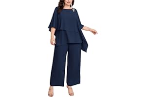 Hanna Nikole Plus Size Mother of Bride Pant Suits 2 Piece Chiffon Sets Ruffle Layers Wedding Guest Outfit