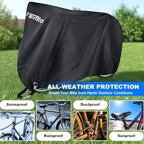 Favoto Bike Cover Outdoor Waterproof Bicycle Cover Thicken Oxford Windproof UV Sun Snow Dustproof with Lock Hole Storage Bag for Mountain Road City Bike Beach Cruiser Sport Bike | 420D Heavy Duty Bike Cover Rain Sun UV Dust Wind Proof with Storage Bag Bike Tarp for EBike Mountain Road City Bike, Black