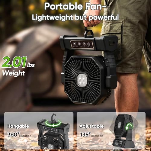 COZII 20000mAh Desk Fan Camping Fan, Portable Fan Rechargeable 4 Speeds with LED Light, Hanging Hook, Remote Control and Timer, Outdoor Battery Powered Fan for Camping Travel Office