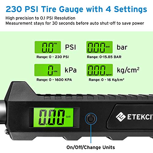 Etekcity Digital Tire Pressure Gauge 230 PSI Heavy Duty Dual Head Air Chuck for RV,Truck Car, 4 Setting with Backlit LCD and Flashlight, 2-Year Warranty