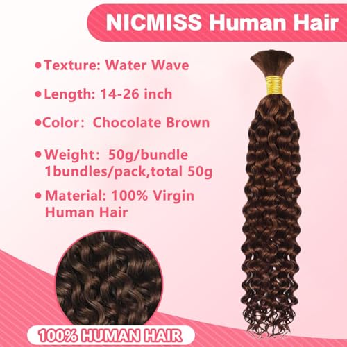 Human Braiding Hair 1 Bundle Water Wave Human Hair Brazilian Curly Boho Hair for Braiding No Weft for Boho Braids Human Hair Wet and Wavy for Extensions Chocolate Brown Color(20inch/50g)