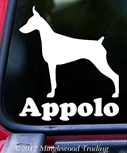 DOBERMAN PINSCHER with Custom Name 5" x 6" Vinyl Decal Sticker - Dobie Dog Dobermann - - BRIGHT PINK