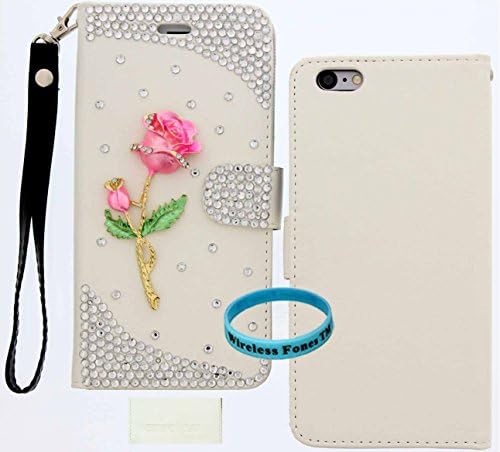 iPhone 6 Case, iPhone 6 4.7 Case, Wireless Fones TM Unique PU Leather Wallet Pink Metal Rose Studded With Rhinestone Case Cover for iPhone 6 4.7 inch with Card Slots/Wristlet