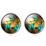 Jiayiqi Women Vintage Clock Green Butterflies Studs Earrings