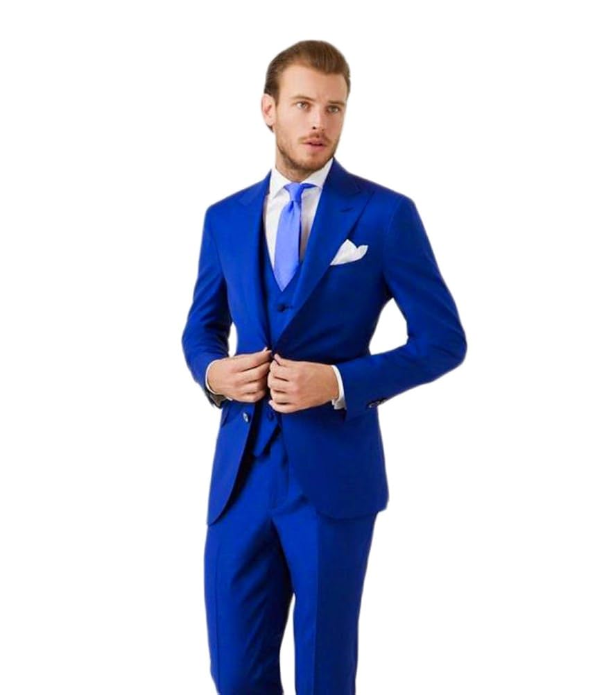 KA Beauty Mens 3 Piece Two Button Royal Blue Suit Jacket+Pants+Vest Clothing Suits & Blazers
