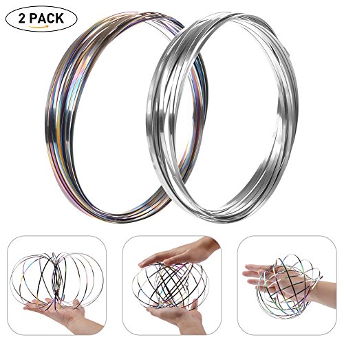LHFY Fidget Magic Ring, Kinetic Spiral Flow Ring Toys with 3D Novelty Shape, Stress Relief and Decompression, Interactive Multi-Sensory New Toys.Silver&Rainbow.(2 Pack)