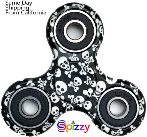 Spizzy | White and Black Skull Anti-Anxiety Fidget Spinner with Stainless Steel Bearings | Durable 2-3 Minute Spin Time | Relieves Boredom, ADHD and Helps to Focus and Kill Time