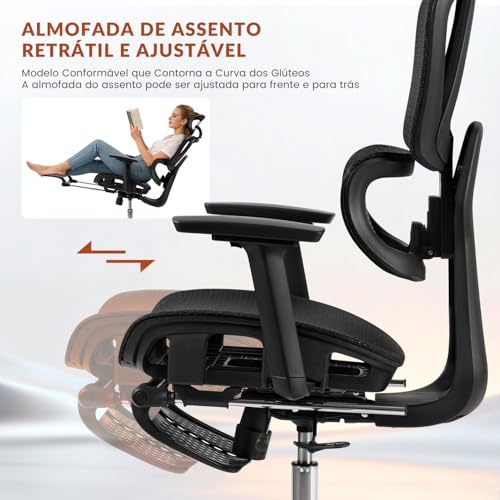 Cadeira Ergonomica,Cadeira Escritorio FivDaily L780, Giratória Reclinável 145°, Encosto Elevável Ajustável, Lombar Flutuante, Cabeça 8D, Braços 5D, Base Aço, Apoio para Pés para Home Office (Preto)