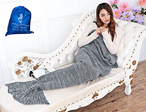 Ouba Soft Crochet Adults Mermaid Tail Blanket with Bag, Gray 2 - Thumbnail 2