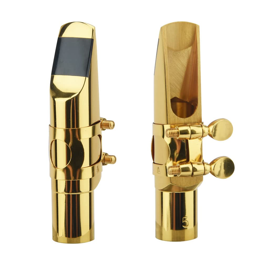 Photo 1 of Alto Sax Saxophone Mouthpiece w/Cap & Ligatures, Brass Metal Eb Alto Sax Mouthpieces for Saxophone Professionals and Beginners (Gold - 5C)