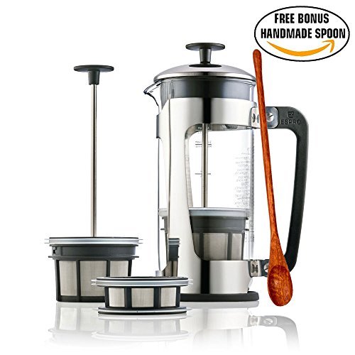 Click Here to See More Images Espro Press P5 - French Press Coffee Press with Thick & Durable SCHOTT Duran glass + Bonus Wooden Stirring Spoon (with Coffee Filter, 18 oz)
