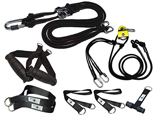 Premium Sling Training Set, Sling Trainer with Door Anchor and Sling Trainer with Pulley, Removable Handles, Poster with Exercises, Training Plan and Attachment Loop, Black without Spacer