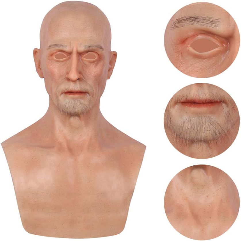YQYAH Old Man Silicone Realistic Man Head Mask Handmade Face for Crossdresser Transgender Cosplay Drag Queen Costumes,Ivorywhite