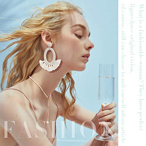 Women's Beaded Tassel Earrings Long Fringe Drop Bohemian Earings Dangle 7 Colors (Bead-White)