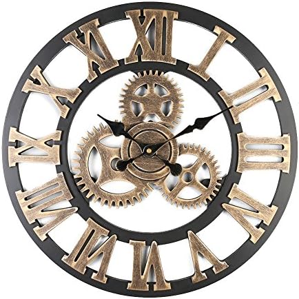 Large Retro European Wooden Home Gear Clock Roman Digital Scale Precision | Wall Decorative Creative Living Room Kitchen Bedroom | 5AA battery Diameter 45CM Black (S, Gold)