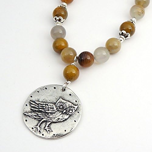 Golden agate owl necklace with warm earthtone beads, 20 inches long