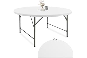 Fivenl 5 FT Round Folding Tables White Foldable Table, Fold-in-Half with Carrying Handle Portable Plastic Table for Party, Dining, Wedding, Camping, Picnic, Indoor Outdoor Events