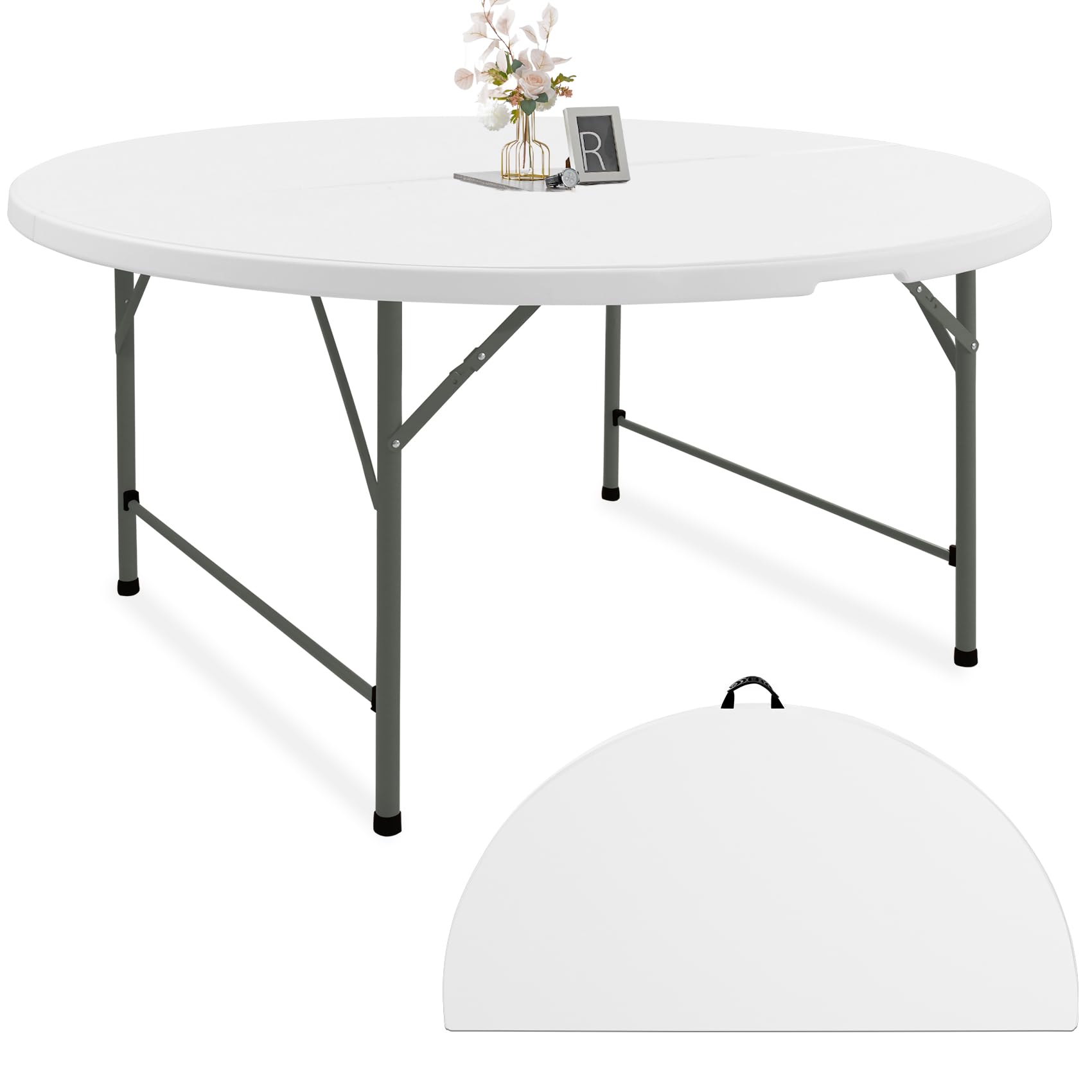 Photo 1 of Fivenl 5 FT Round Folding Tables White Foldable Table, Fold-in-Half with Carrying Handle Portable Plastic Table for Party, Dining, Wedding, Camping, Picnic, Indoor Outdoor Events