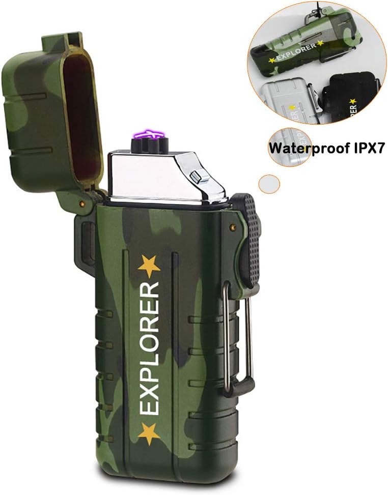 GXSTWU Waterproof Lighter USB Electric Dual Arc Lighter Rechargeable Flameless Windproof Lighter for Camping Hiking Adventure Outdoor Survival Grilling BBQ