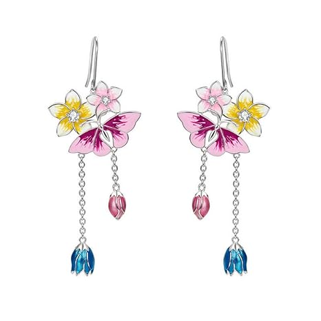 ERDING Aretes para Mujer Pendientes Mujer exagerada Larga Serie de Primavera Mariposa Amor Flor Plateado Platino DIY Moda pen