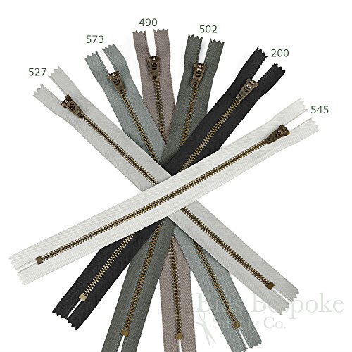 Set of 12 Pants Zippers, 11", Antique Brass Teeth and Rhino Gray Tape, Bias Bespoke Brand