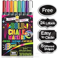 Chalk Markers Fine Tip - Bold Color Dry Erase Marker Pens - Liquid Chalk Markers for Chalkboards, Signs, Windows, Blackboard, Glass - 1mm Tip (8 Pack) - 24 Chalkboard Labels Included