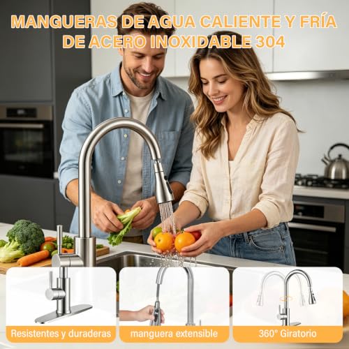 GALASALA Mezcladora para Fregadero, Llaves para Fregadero de Cocina con Manguera Extensible, Grifo de Cocina de Acero Inoxidable 304, Monomando para Freaadero de Alto Arco con 3 Modos de Agua