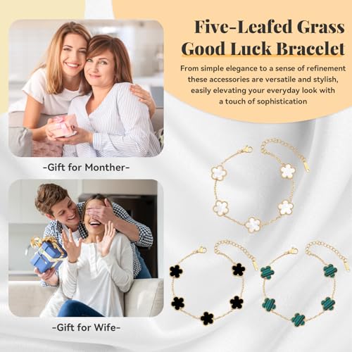 ZhouWei 3 Piece Lucky Clover Bracelet, 18K Gold Plated Clover Bracelet Lucky Charm Jewellery Stainless Steel Women Elegant Design for Weddings Parties and Lucky Gifts